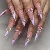 Long Stiletto Pink French Tip Rhinestone 3D Floral Butterfly  Press on Nails